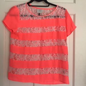 Neon and lace short sleeve top